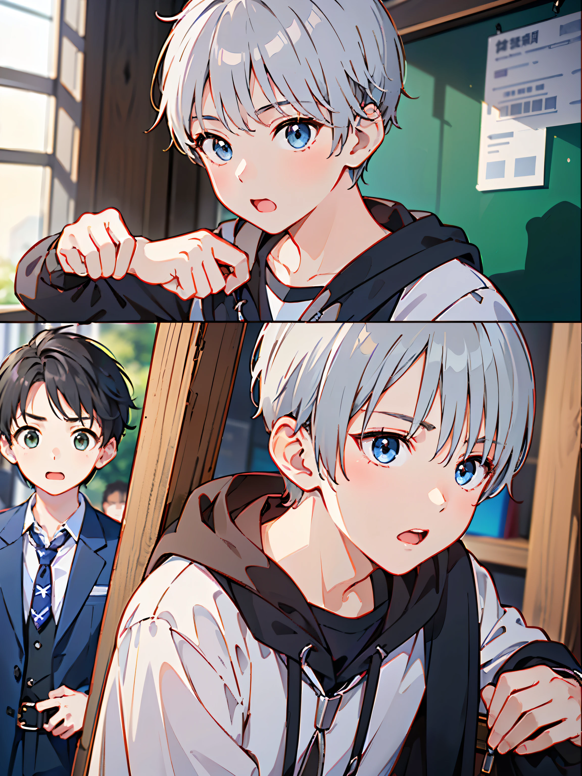 8k、 best quality 、​masterpiece:1.2)、( realistic、 super detailed 、 super A high resolution、 short hair、(( Silver Hair、One boy、 boy、、))、 beautifully detailed face 、narrow、( Slim Waist ) :1.3)、Boys&#39; school uniform、  beautiful detail skin 、 skin texture 、 floating hair in front of car、 professional lights 、Hokkaido、black rimmed square glasses、 Human body、