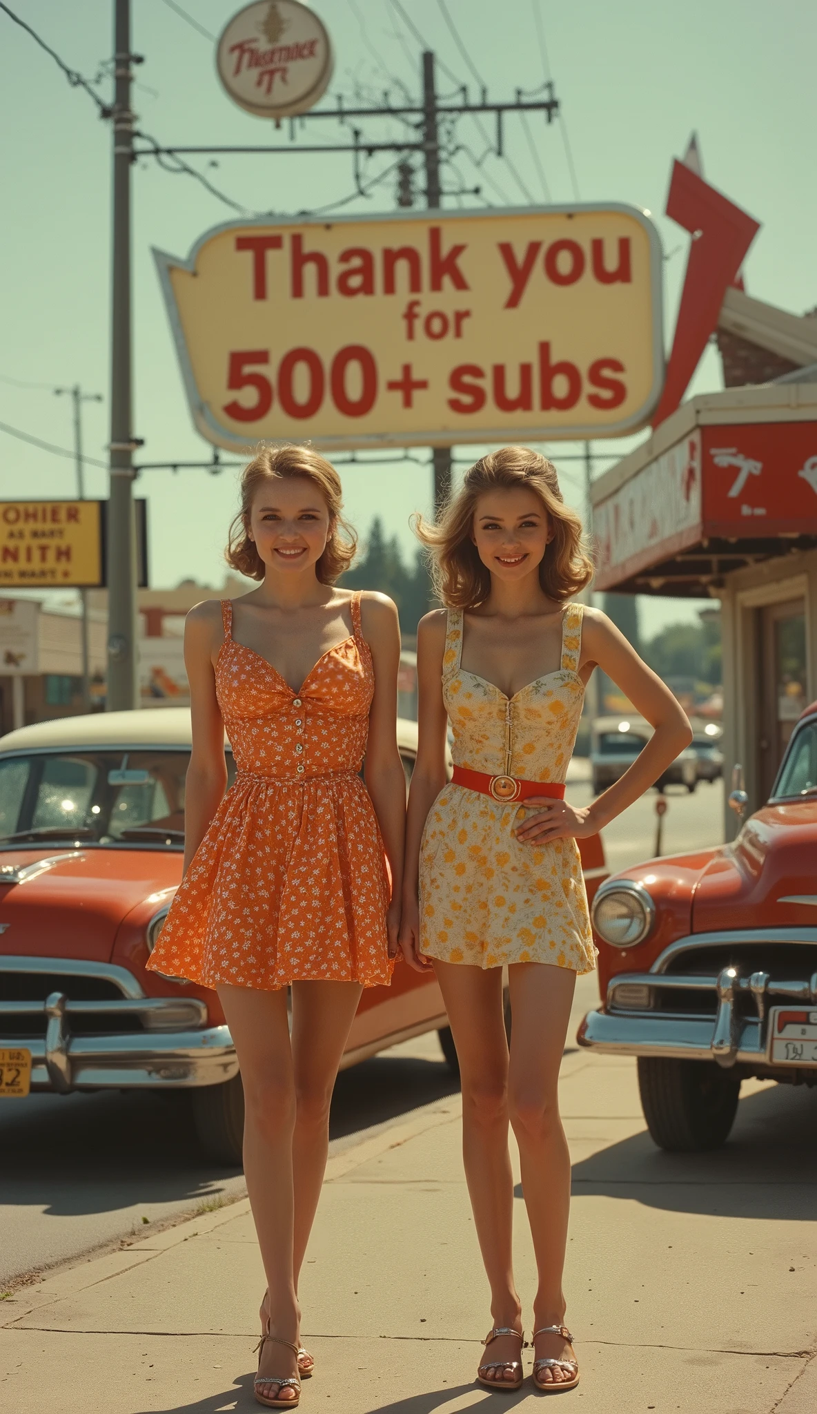 An Panavision cinematic photo of two Woman with light brown beehive hairstyle from the 60s ,tall skinny and slim woman with 60 minidresses, Her skin is slightly sun-tanned , happe faces this is how she poses in the USA in front of a large American fast food restaurant from the 60s at sunset LA, Obove the burger place is an big sign with the text "Thx for 500+ Subs" , traditinal 50s and 60s american cars on street, beautuful summer weather, stunning picture,