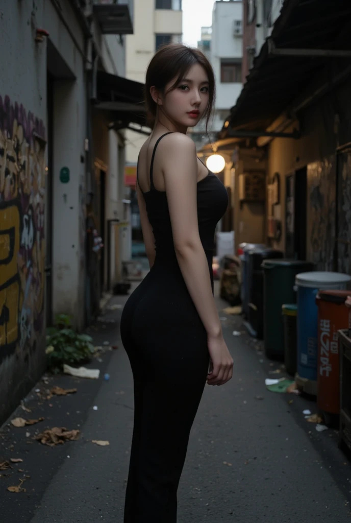 Highest quality , High resolution , Detailed CG , high school girl , short hair , Black dress , slender , Modest chest , Beautiful small hips , Black Hair , Two limbs , Optimal ratio , Embarrassed expression , Burning cheeks , In town , Narrow alley at night , Very dark back alley , Nipples are visible , touching one's own breasts with one's own hands , facial expression during orgasm , Hiding in the shadows ,