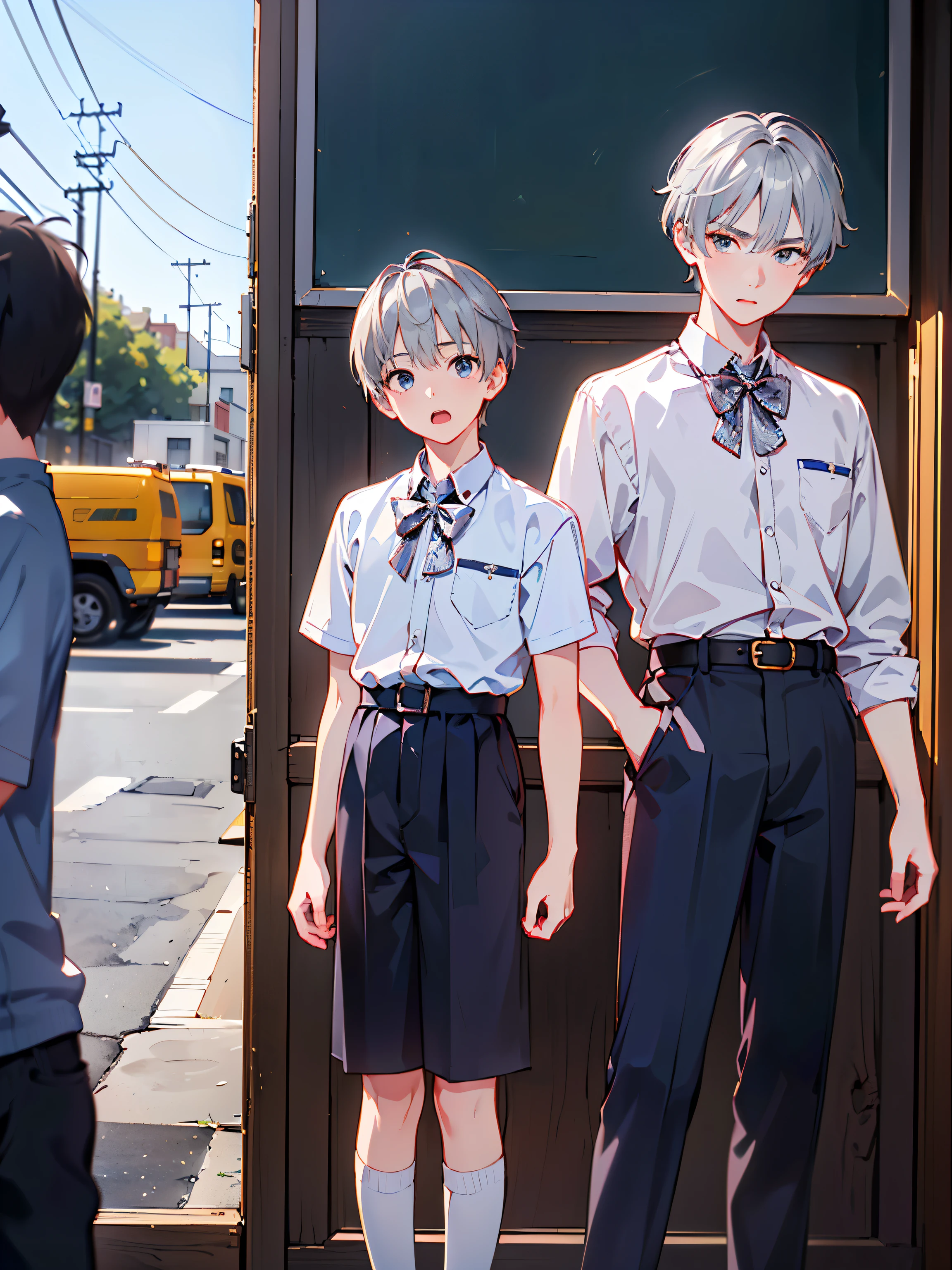 8k、 best quality 、​masterpiece:1.2)、( realistic、 super detailed 、 super A high resolution、 short hair、(( Silver Hair、One boy、 boy、、))、 beautifully detailed face 、narrow、( Slim Waist ) :1.3)、Boys&#39; school uniform、  beautiful detail skin 、 skin texture 、 floating hair in front of car、 professional lights 、Hokkaido、black rimmed square glasses、 Human body、