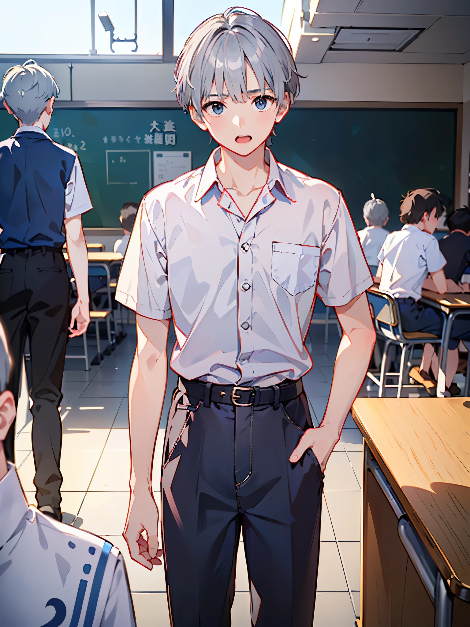 8k、 best quality 、​masterpiece:1.2)、( realistic、 super detailed 、 super A high resolution、 short hair、(( Silver Hair、One boy、 boy、、))、 beautifully detailed face 、narrow、( Slim Waist ) :1.3)、Boys&#39; school uniform、  beautiful detail skin that shows the bra line 、 skin texture、 floating hair、 professional lights 、Hokkaido、black rimmed square glasses、 Human body、