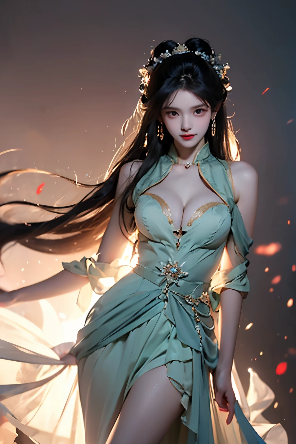 zhuxianbiyao,hanfu, ,((Portrait-oriented, focusing on the subject's body above the calves)), (from below:1.2), (Full chest, deep V-neck, visible cleavage), (I-type Valley), (Very short hemline, revealing smooth thighs), Realistic beautiful woman, sexy long-legged model, standing gracefully with elegance.     The model's pose features a slight knee bend on one leg, while one hand elegantly lifts the hem of her skirt up to her thigh.   soft natural makeup, and her hair flows beautifully in the gentle breeze.  Photorealistic lighting and shadows, high detail, 4K resolution.