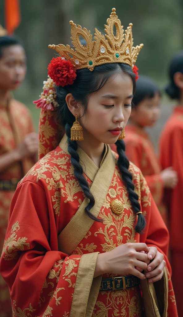 China, 1477. A young ((((16-year-old)) Tan Yunxian)), girl, in a garden, next to a pond, (((((horror expression, fear))))), ((((chinese clothings from the 1470s)))), ((hairstyle of the 1470s)), ((colorful, luminous))