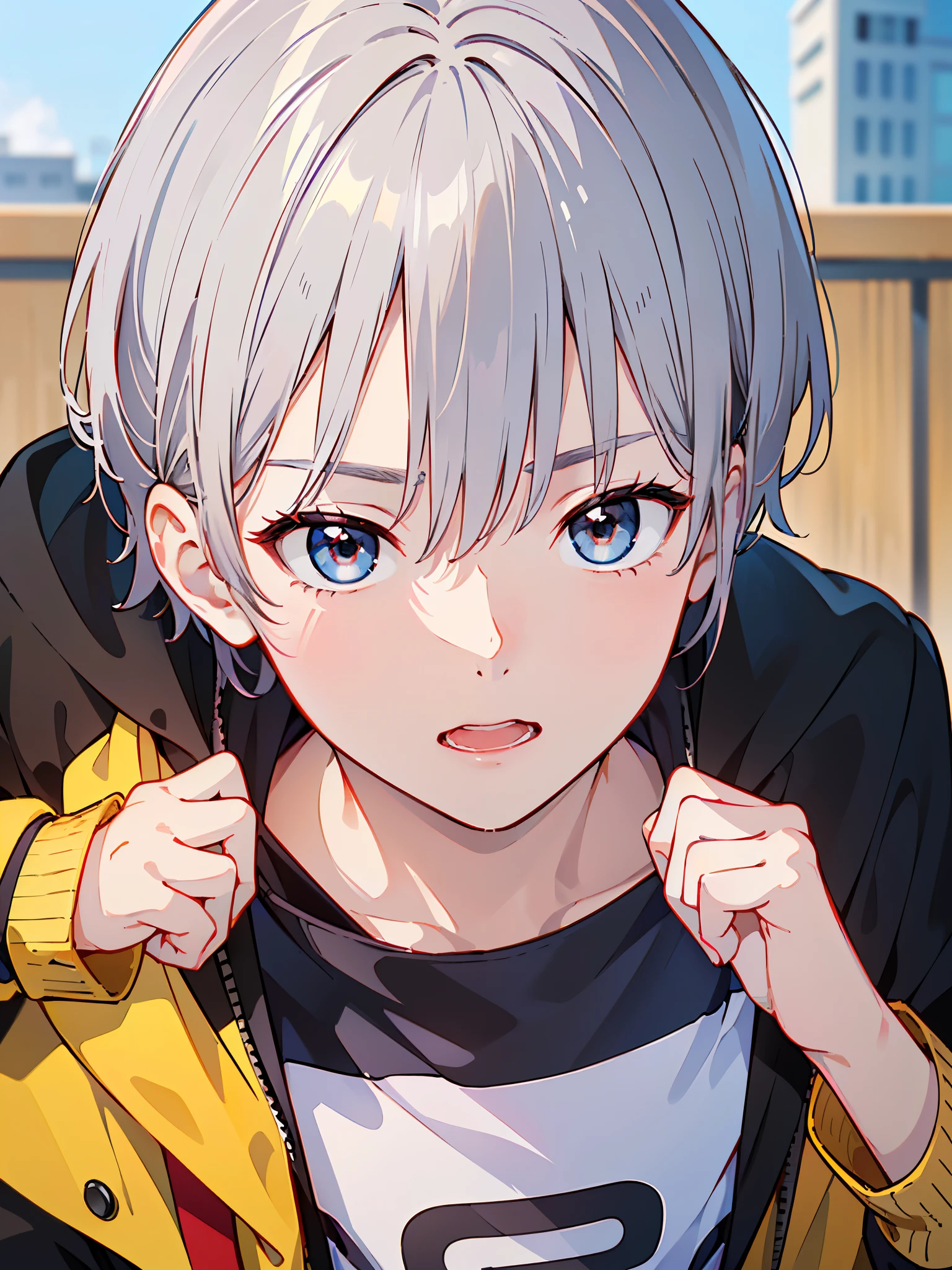 8k、 best quality 、​masterpiece:1.2)、( realistic、 super detailed 、 super A high resolution、 short hair、(( Silver Hair、A young man、、***************************))、 beautifully detailed face 、narrow、( Slim Waist ) :1.3)、Boys&#39; school uniform、  beautiful detail skin that shows the bra line 、 skin texture、 floating hair、 professional lights 、Hokkaido、black rimmed square glasses、 Human body、