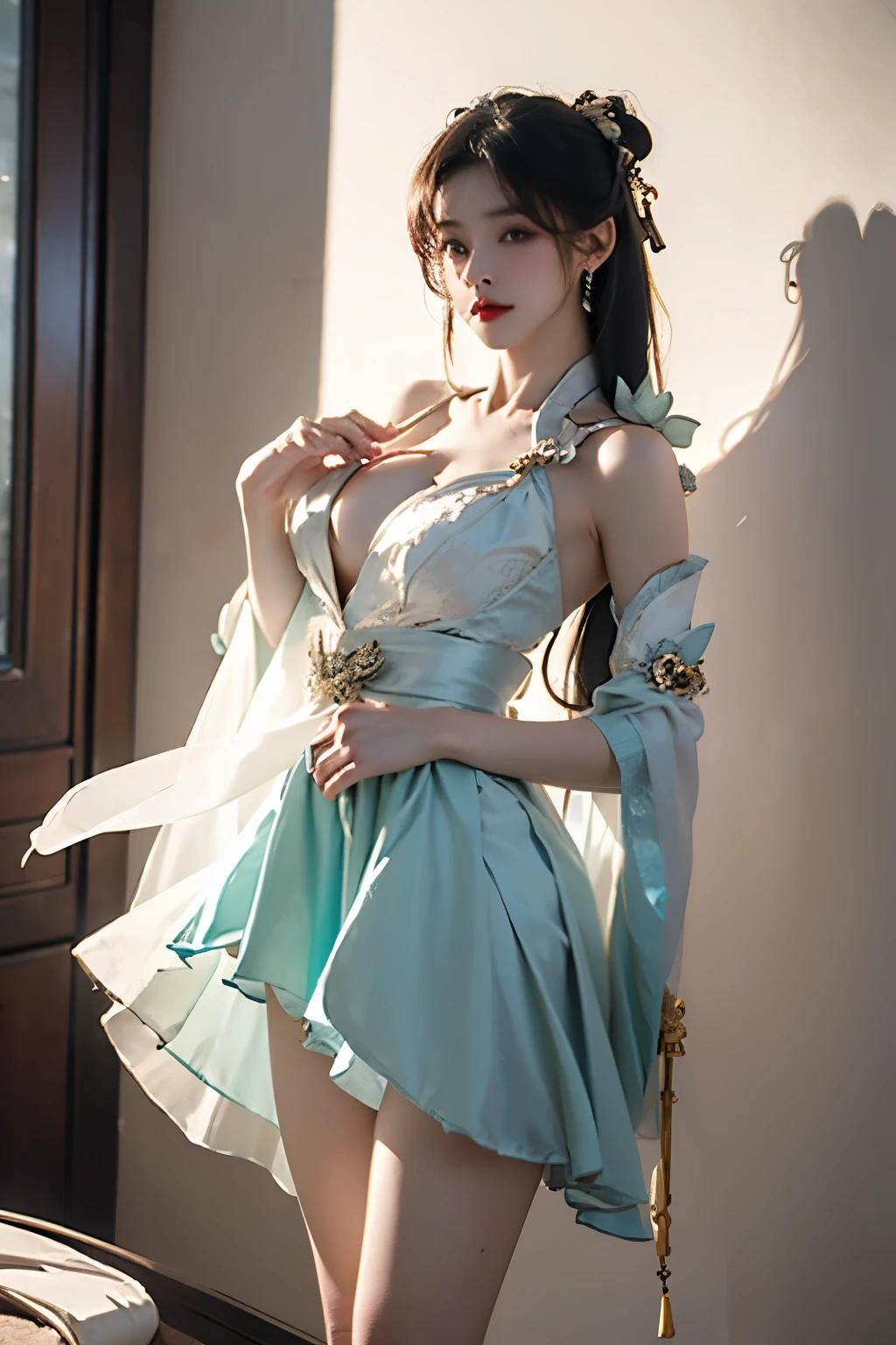 zhuxianbiyao,hanfu, ,((Portrait-oriented, focusing on the subject's body above the calves)), (from below:1.2), (Full chest, deep V-neck, visible cleavage), (I-type Valley), (Very short hemline, revealing smooth thighs), Realistic beautiful woman, sexy long-legged model, standing gracefully with elegance. The model's pose features a slight knee bend on one leg, while one hand elegantly lifts the hem of her skirt up to her thigh. soft natural makeup, and her hair flows beautifully in the gentle breeze. Photorealistic lighting and shadows, high detail, 4K resolution.