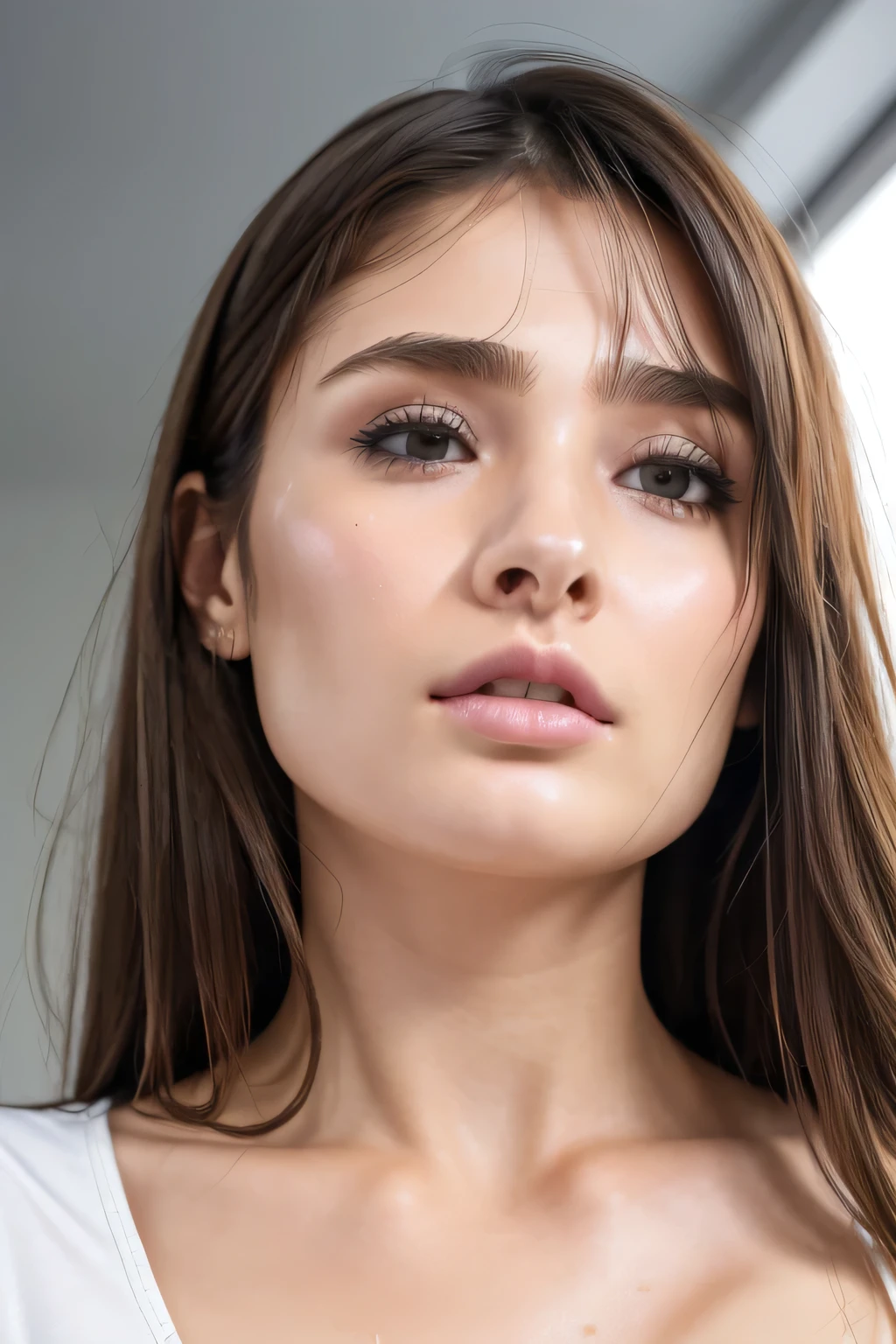 Taylor Hill、    high-res realistic pictures  ,8k,  realistic skin texture  ,Born々New People々々々々々々々,1 person,  naked on a table under a jacket,, Award-Winning Photos,   very detailed,   close eyes , Nose and mouth, Up of the face being interrogated ,   close-up of your face  、 open her mouth and close her eyes ,   black camisole 、20 years old, dark-haired、 symmetrical face , Insulated 、  angle  、 Dilated C-shaped nostrils   ,(( Gray background ))、 sweated skin、 lighting that emphasizes skin that shine in the dark with sweat、((Sharp Nose)) sweated,  Shiny Skin、 Skin that shines in the dark 、 sweated hair、sunlight、(Brow wrinkles)((Frowning))、((  thin eyebrows on boots))((  oily skin 、 Skin that shines in the dark ))、  double eyelids、 hair gathered、  Up Hair 、  Lift Your Head  ((Super wet skin))(((Profile that makes nasal septum visible widely ,nasal septum,  profile)))