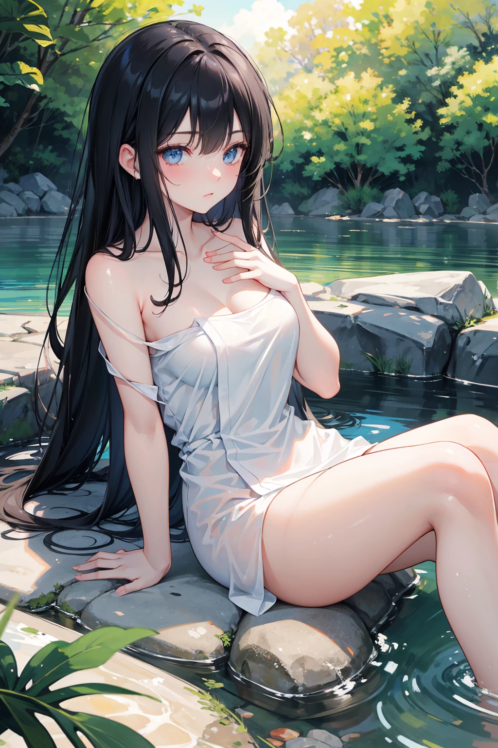 Masterpiece, Best quality, 8K resolution, Sharp focus, intricately details, Trio, Sparkling eyes, golden-ratio face, Otherworldly liquids, aquarelle, pastel colour, Bright colors, Whimsical, Colorful, Sharp focus, high resolution, finedetail, ((Layered fluffy long-sleeved prom dress)), ((Round eyes)), Rainbow-colored bubbles, Fantasia background，Sexual turn，Long black hair