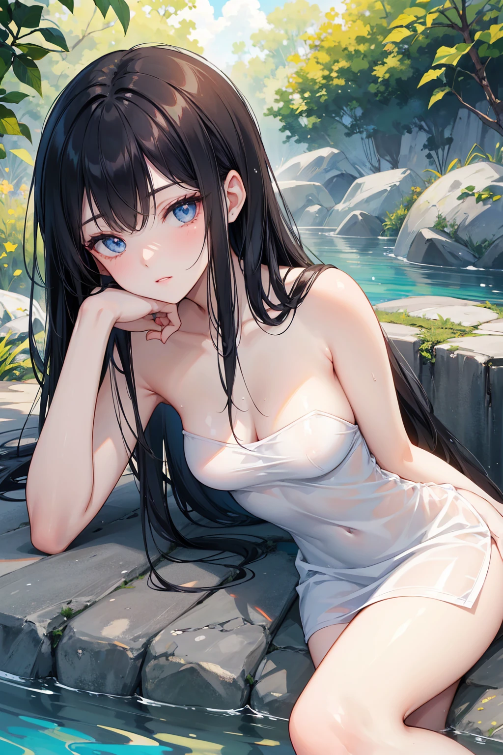anatomically correct, best quality, masterpiece, high quality, high details, highres, HD, (shaded face:1.2), hollow eyes, red eyes, looking at viewer, embarrassed, blush face, purple lips, black hair, long hair, pointy ears, huge breast, sagging breast, (best quality,highres,masterpiece:1.2),ultra-detailed,realistic,photography,soft-focus,subtle lighting,blurred background,rich colors,portrait,serene,graceful,submerged,weightless,gentle movement,age gracefully,breast,reflection,tranquil,beauty,submerge,bubble,float,magic,mystical,serenity,water elements,natural lighting,graceful aging,timid,peaceful,harmony,softness,ethereal,stillness,serene expression,dreamlike,subtle elegance,underwater paradise,feminine form,quiet,subtle ripples,harmonic movement,fluidity