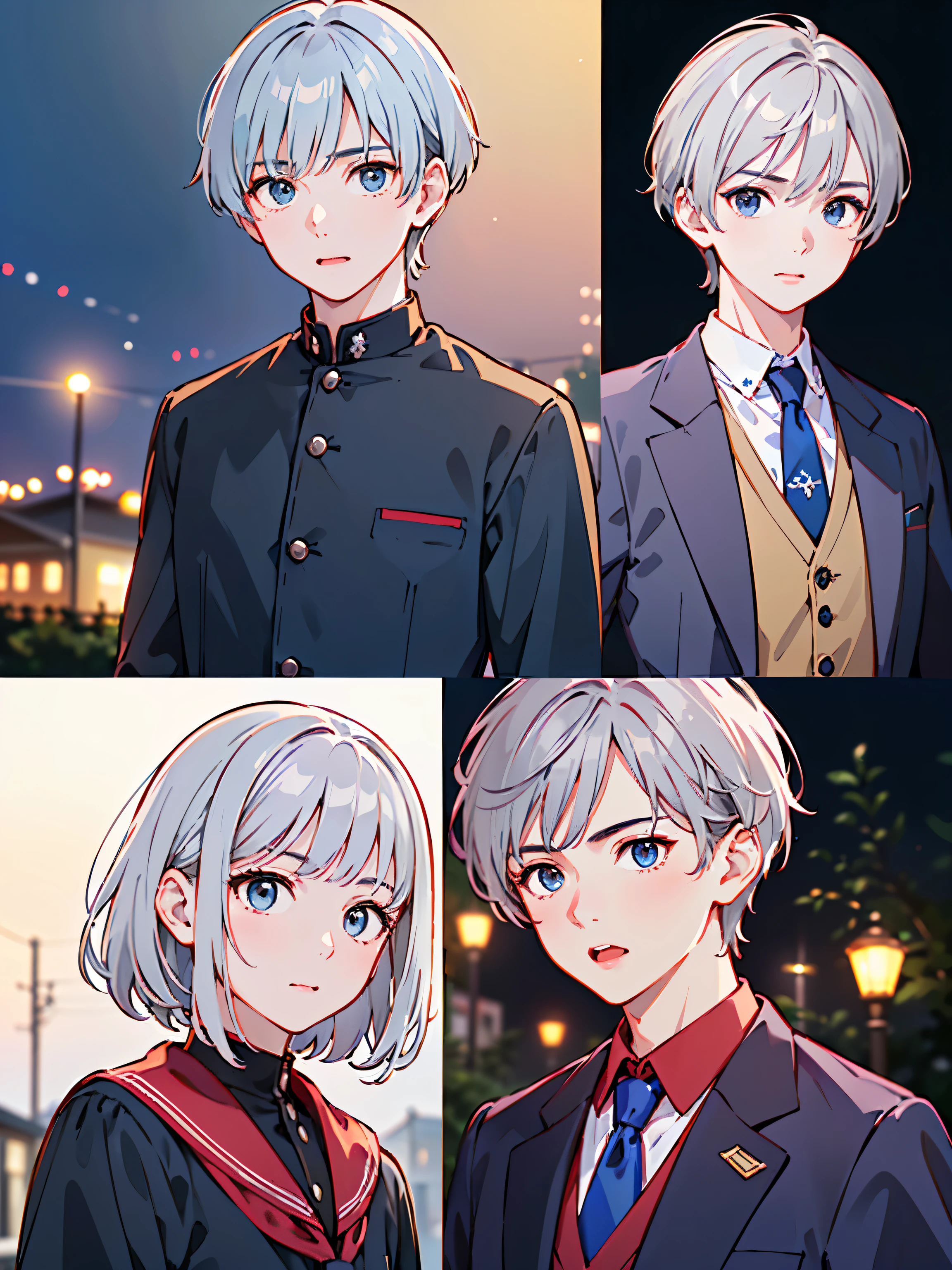 8k、 best quality 、​masterpiece:1.2)、( realistic、 super detailed 、 super A high resolution、 short hair、(( Silver Hair、A young man、、***************************))、 beautifully detailed face 、narrow、( Slim Waist ) :1.3)、Boys&#39; school uniform、  beautiful detail skin 、 skin texture 、 floating hair in front of car、 professional lights 、Hokkaido、black rimmed square glasses、 Human body、