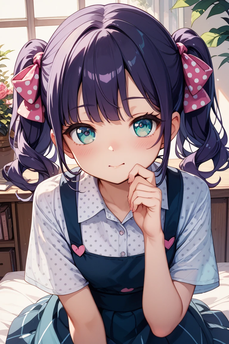  Twin Tails、　 pattern 、1 cute girl、sleepy、Aqua's Eyes、 2 pink ribbons 、 white polka dot pattern on the ribbon、dark purple hair color