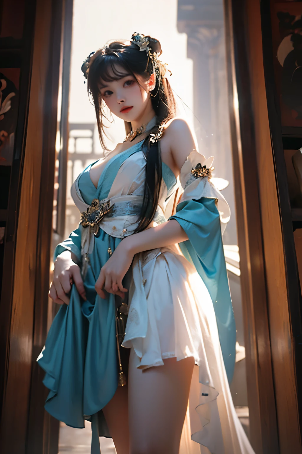 zhuxianbiyao,hanfu, ,((Portrait-oriented, focusing on the subject's body above the calves)), (from below:1.2), (Full chest, deep V-neck, visible cleavage), (I-type Valley), (Very short hemline, revealing smooth thighs), Realistic beautiful woman, sexy long-legged model, standing gracefully with elegance. The model's pose features a slight knee bend on one leg, while one hand elegantly lifts the hem of her skirt up to her thigh. soft natural makeup, and her hair flows beautifully in the gentle breeze. Photorealistic lighting and shadows, high detail, 4K resolution.
