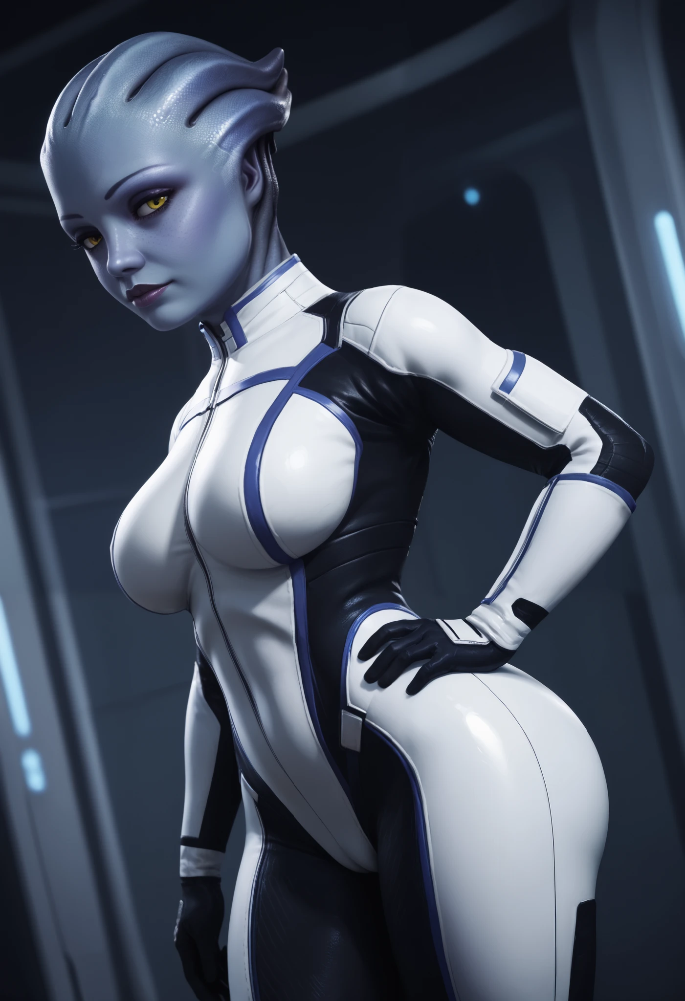 score_9, score_8_up, score_7_up, rating_safe, science fiction, solo, 1girl, alien, colored skin, asarix, blue skin, (shortstack:1.2), wide hips, thick things, large breasts, cute, white plugsuit, dutch angle, hand on hip, head tilt, cameltoe, knee up, looking at viewer, close-up, yellow eyes, side view, round ass, bedroom eyes,
