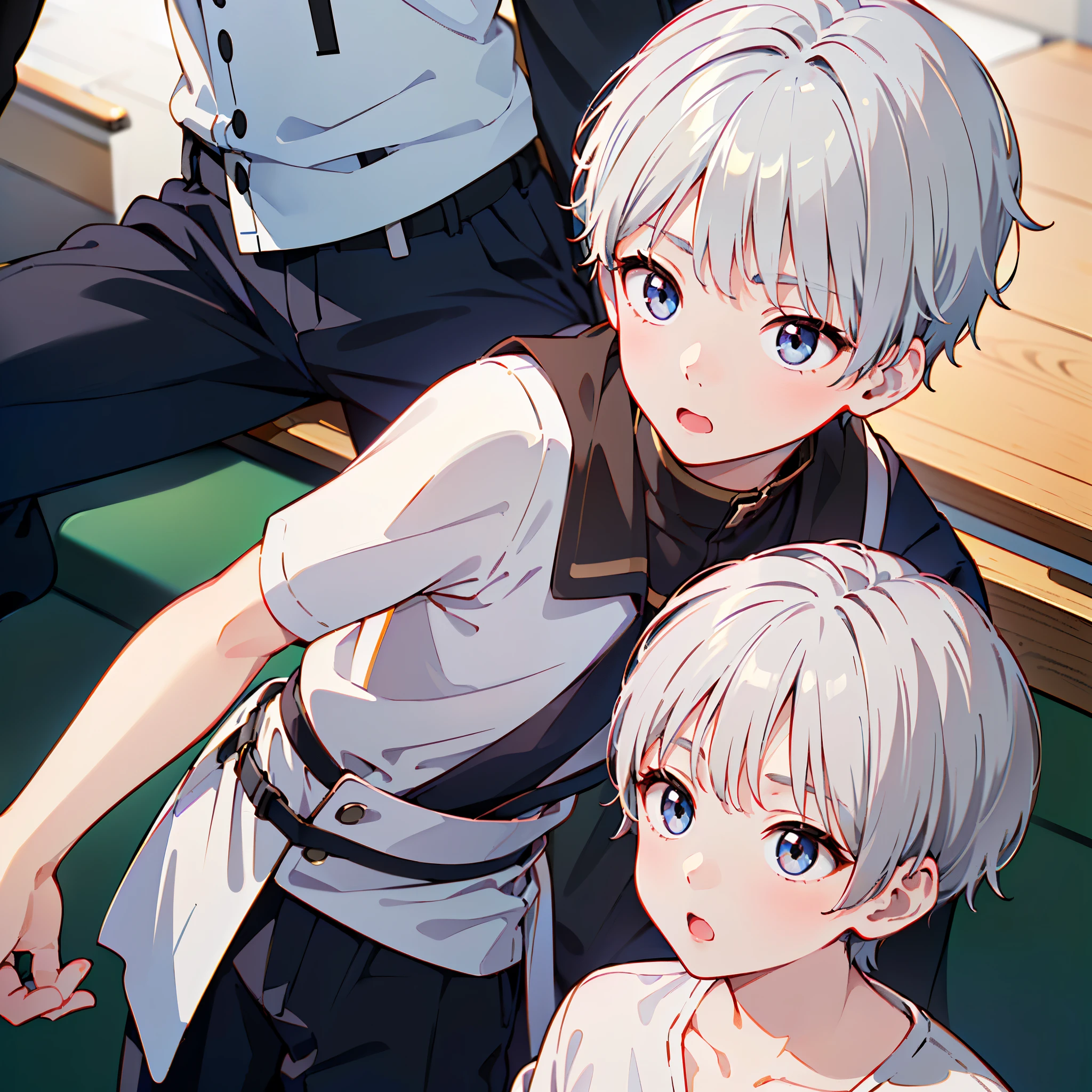 8k、 best quality 、masterpiece:1.2)、( realistic、 super detailed 、 super A high resolution、 short hair、(( Silver Hair、男の子One person、 boy、、))、 beautifully detailed face 、narrow、( Slim Waist ) :1.3)、Boys' school uniform、 beautiful detail skin that shows the bra line 、 skin texture、 floating hair、 professional lights 、Hokkaido、black rimmed square glasses、 Human body、winter、School、One person、