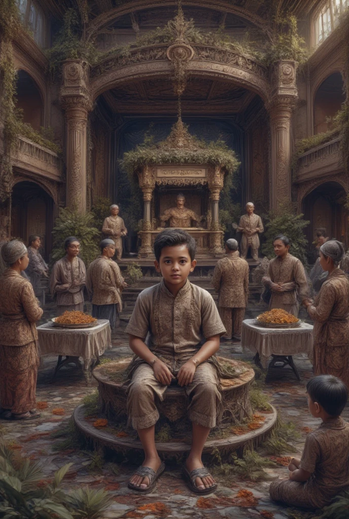  an Indonesian boy ,  wearing Koko shirts and sarongs ,  sitting on a 50 cm high platform ,  There is a food stand on the stage that says  " · Dimas Dhirajat's Khitanan ",  in a luxury building ,  There is a food stand in the corner of the room ,  There is a buffet table in the middle of the building ,  above the stage ,  Many adults and young guests attended the event,  guests wearing badiks ,  guests wearing kebaya ,  guests standing , Guests are seated ,  guests chatting 