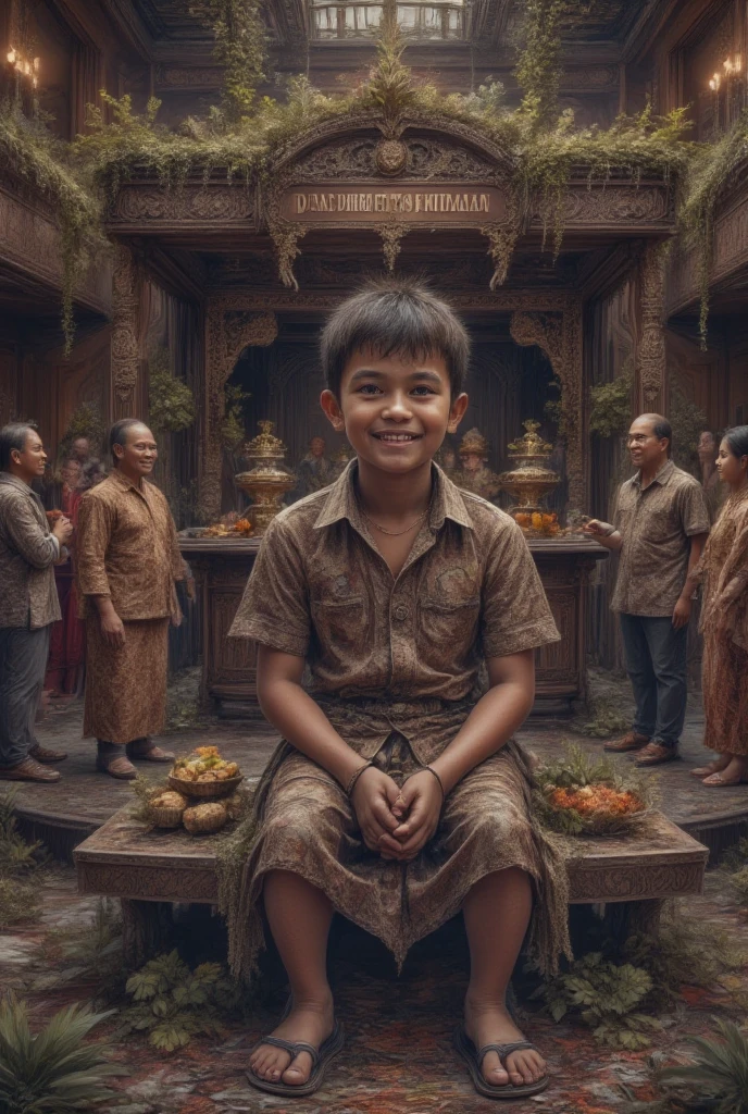  an Indonesian boy ,  wearing Koko shirts and sarongs ,  sitting on a 50 cm high platform ,  There is a food stand on the stage that says  " · Dimas Dhirajat's Khitanan ",  in a luxury building ,  There is a food stand in the corner of the room ,  There is a buffet table in the middle of the building ,  above the stage ,  Many adults and young guests attended the event,  guests wearing badiks ,  guests wearing kebaya ,  guests standing , Guests are seated ,  guests chatting 