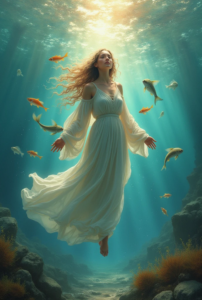 Woman in the water with several fish by her side