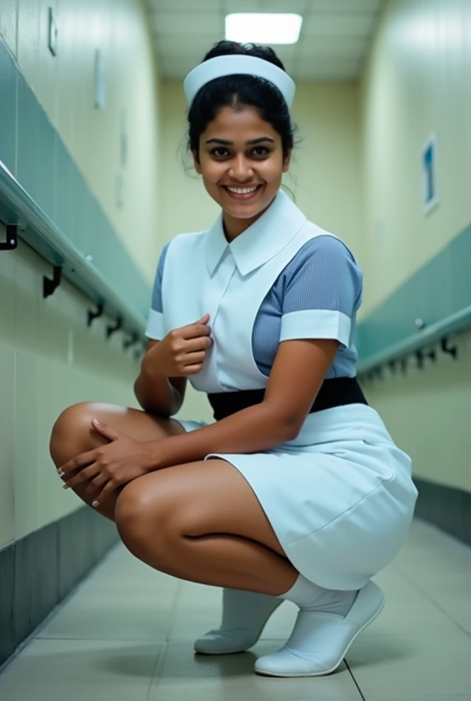 photo of a Sri Lankan 25 years old nurse, wearing nurse cap, nurse uniform, white above knee skirt, white socks, white slip-on nurse shoes, classic bun short hair, black strip in waist, big breast, cinematic lighting, smiling face, squatting on the floor in Sri Lankan hospital rest room, thighs visible upto panties. One hand on her breast, 4k, photorealistic, detailed, tan color sweaty skin, portrait 