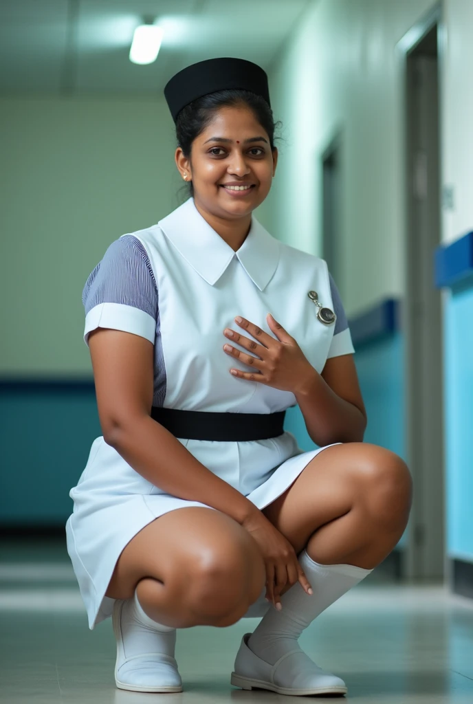 photo of a Sri Lankan 25 years old nurse, wearing nurse cap, nurse uniform, white above knee skirt, white socks, white slip-on nurse shoes, classic bun short hair, black strip in waist, big breast, cinematic lighting, smiling face, squatting on the floor in Sri Lankan hospital rest room, thighs visible upto panties. One hand on her breast, 4k, photorealistic, detailed, tan color sweaty skin, portrait 