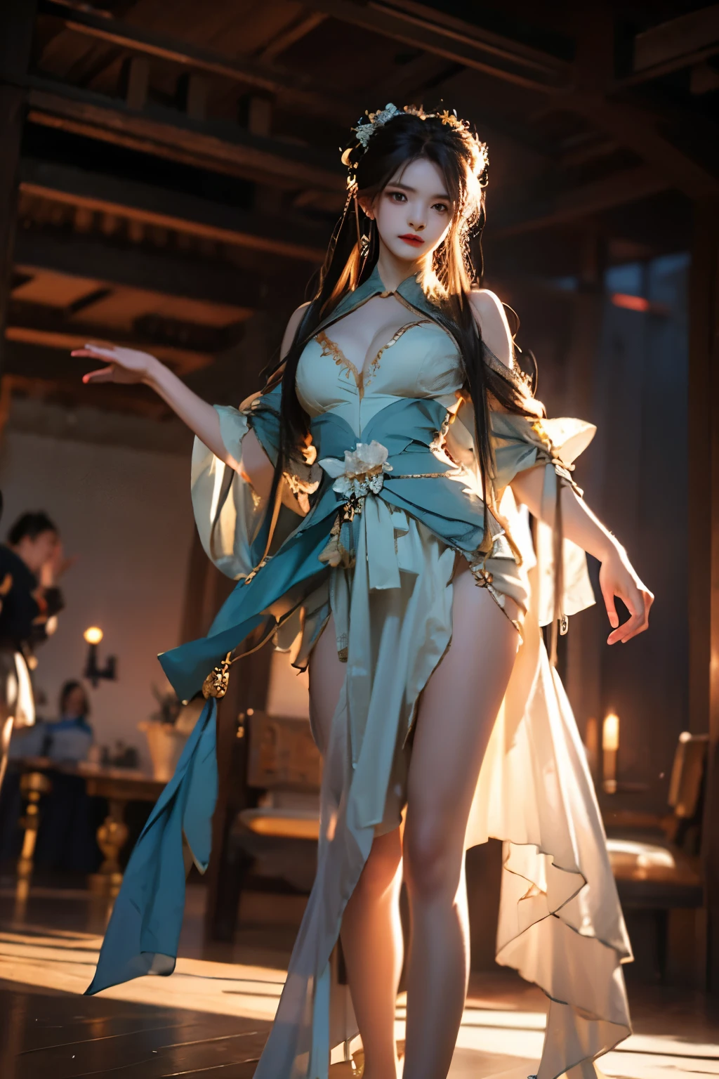 zhuxianbiyao,hanfu, ,((Portrait-oriented, focusing on the subject's body above the calves)), (from below:1.2), (Full chest, deep V-neck, visible cleavage), (I-type Valley), (Very short hemline, revealing smooth thighs), Realistic beautiful woman, sexy long-legged model, standing gracefully with elegance. The model's pose features a slight knee bend on one leg, while one hand elegantly lifts the hem of her skirt up to her thigh. soft natural makeup, and her hair flows beautifully in the gentle breeze. Photorealistic lighting and shadows, high detail, 4K resolution.