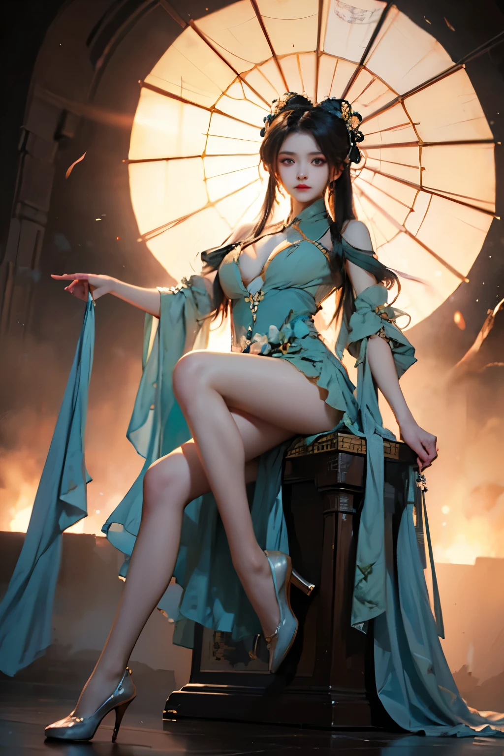 zhuxianbiyao,hanfu, ,((Portrait-oriented, focusing on the subject's body above the calves)), (from below:1.2), (Full chest, deep V-neck, visible cleavage), (I-type Valley), (Very short hemline, revealing smooth thighs), Realistic beautiful woman, sexy long-legged model, standing gracefully with elegance. The model's pose features a slight knee bend on one leg, while one hand elegantly lifts the hem of her skirt up to her thigh. soft natural makeup, and her hair flows beautifully in the gentle breeze. Photorealistic lighting and shadows, high detail, 4K resolution.