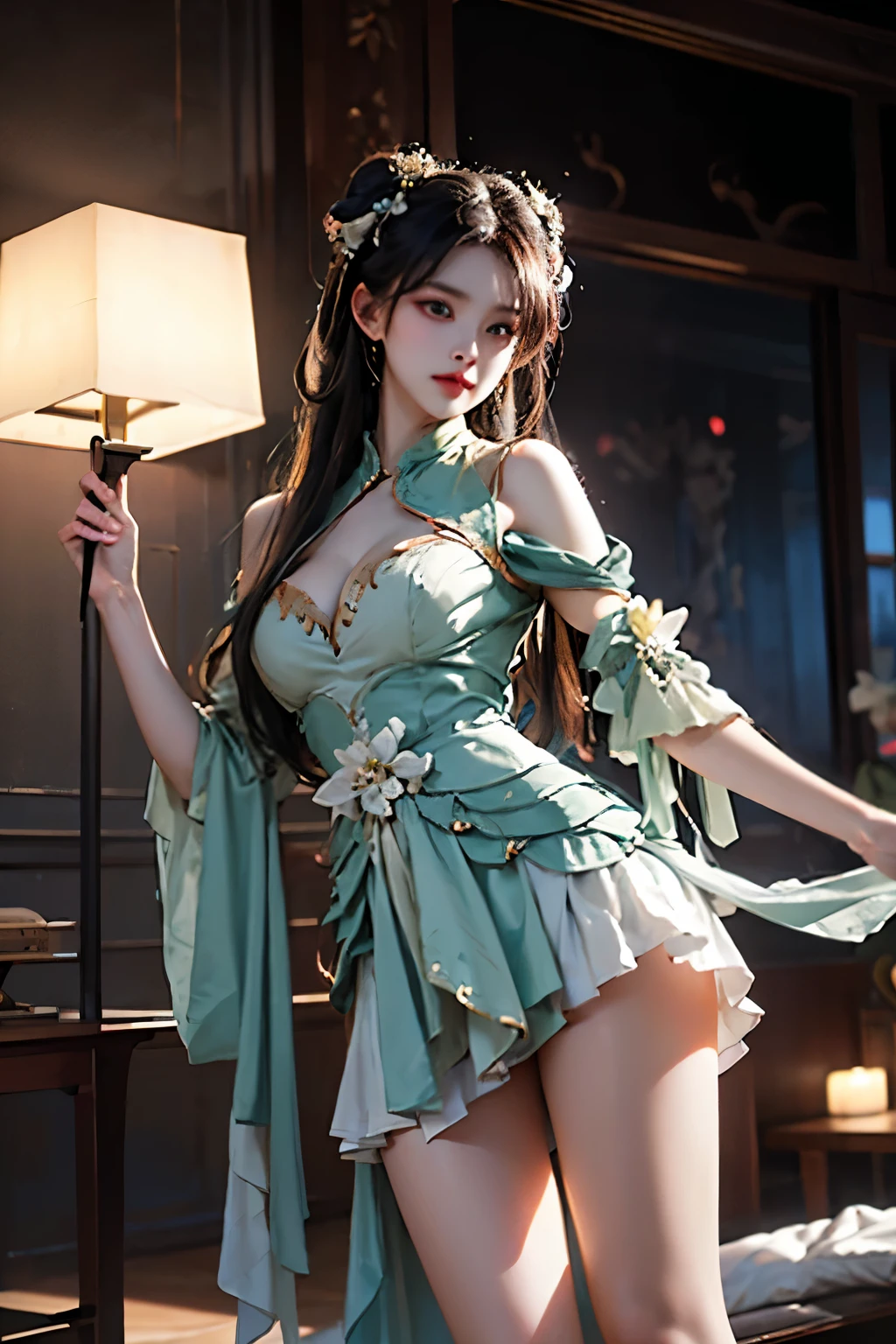 zhuxianbiyao,hanfu, ,((Portrait-oriented, focusing on the subject's body above the calves)), (from below:1.2), (Full chest, deep V-neck, visible cleavage), (I-type Valley), (Very short hemline, revealing smooth thighs), Realistic beautiful woman, sexy long-legged model, standing gracefully with elegance. The model's pose features a slight knee bend on one leg, while one hand elegantly lifts the hem of her skirt up to her thigh. soft natural makeup, and her hair flows beautifully in the gentle breeze. Photorealistic lighting and shadows, high detail, 4K resolution.