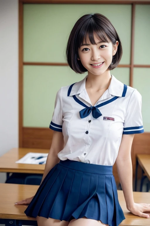girl standing in school classroom,sailor shirt,micro mini skirt,through white panty,18-year-old,bangs,a little smiles,thighs,crotch,knees,short cut hair,ponytail,from below