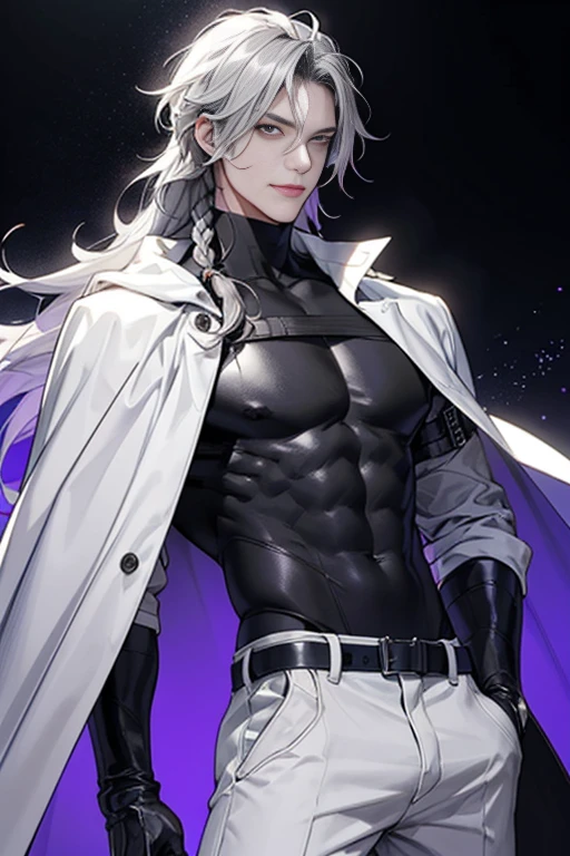 full HD, 4K, better quality, ((1 Adult man, 40 years))), ((white long Hair)), ((grey eyes)), one long braid, black turtleneck, white trousers, Black background, Large assembly, Pumped up body, good anatomy, (super detailed face), (Detailed eyes, Even the eyes), soft look, soft expression, ((sweet smile)), Dynamic pose in a white cloak, military, neckline on the chest, tattoos on the body, glowing light, ( violet flowers at the background), scars on the chest, look to the side, cyberpunk style, keeps one hand in his pocket, he looks away, (Dynamic pose), leather gloves