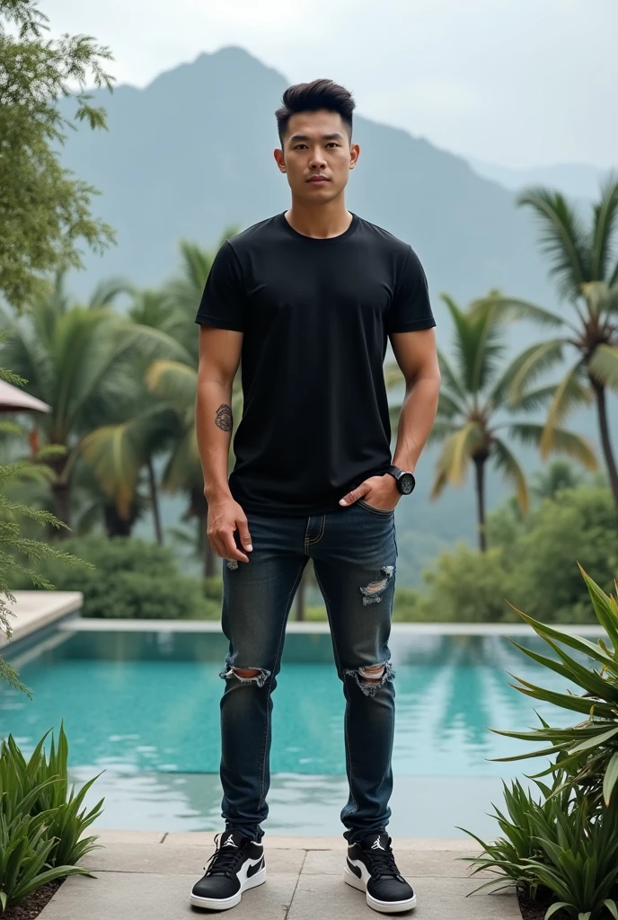young man middle age,Take off your shirt.,Muscular,tanned skin,Tattooed,Dark and handsome face,Tai Ban,farmer,Take off your shirt.,tanned skin,Tattooed,lifelike,Rice field view,Full Body Image