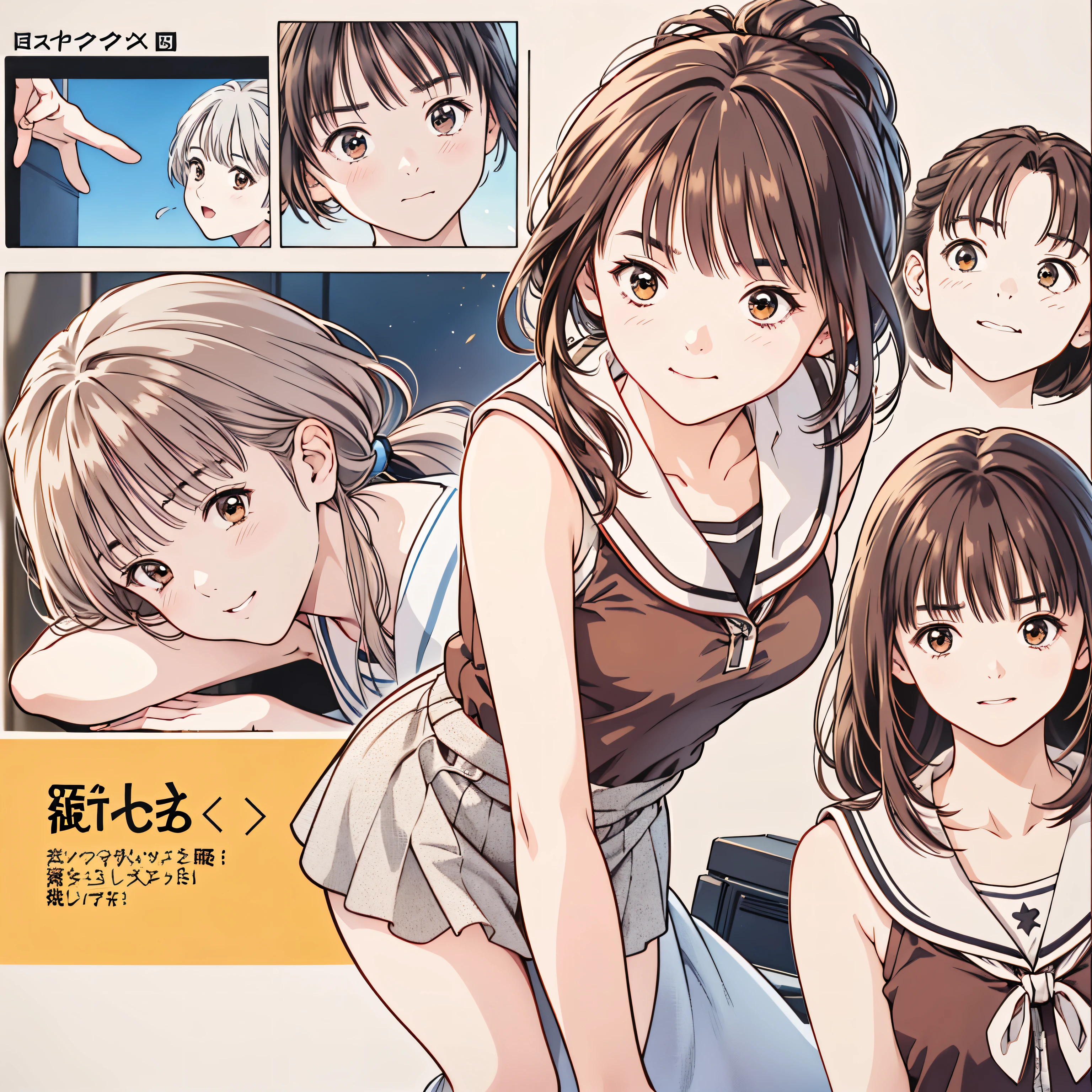 (8k、 best quality 、​masterpiece:1.2)、(  realistic 、ultra-detailed、 super A high resolution、 2 girls、(One person has silver hair 、One person has brown hair )、 beautiful detailed faces、smile、narrow、( Slim Waist ) :1.3)、 sommer服、 sommer   、 skin texture、Floating Hair、  Professional Writing 、Junior high school students服 人体全体、 brown hair、Shy、Mikity、 romantic 、((Junior high school students、、Ponytail、 idol poses))、Hokkaido、Clock Tower、move、