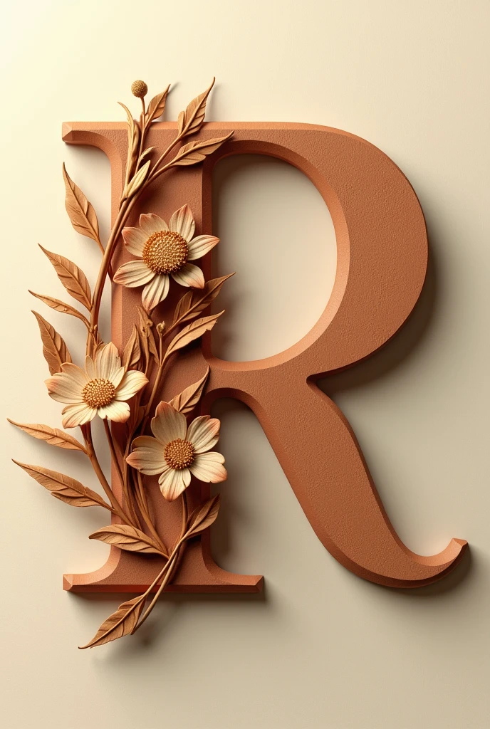 Alphabet "R" in brown tone with flower carved inside the alphabeted