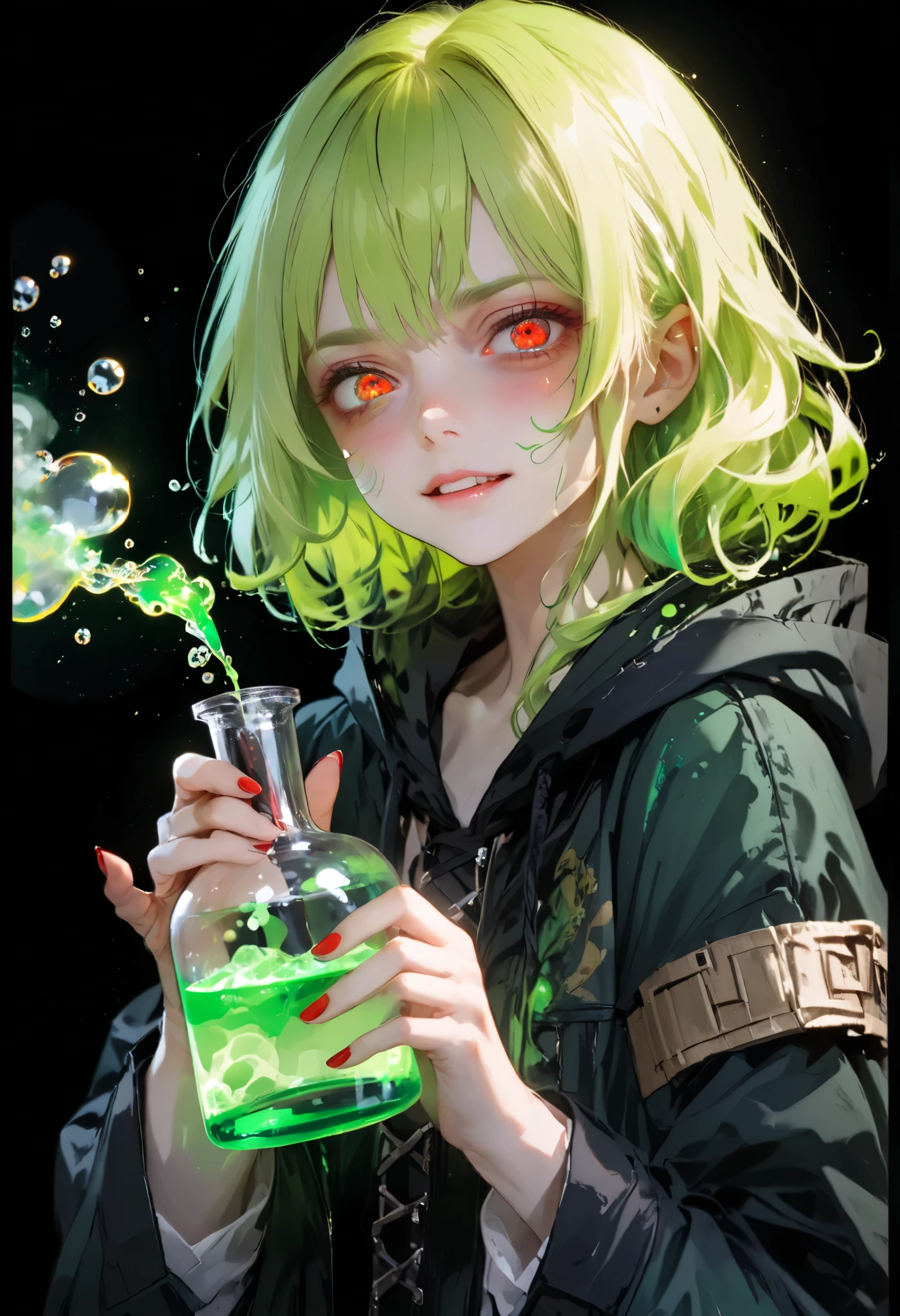 1 anime chan , blonde , red eyes ((( His eyes are red , red-eyed , red eyes ))), hood, light golden hair , painful, dark circles under her eyes due to lack of sleep , insidious smirk , held a flask with green glowing poison to her face, The girl was wearing a black mid-length coat with , in the hood, neon green poison with bubbles , spilled around , rages , neon green aura , black background, (green hair tips)