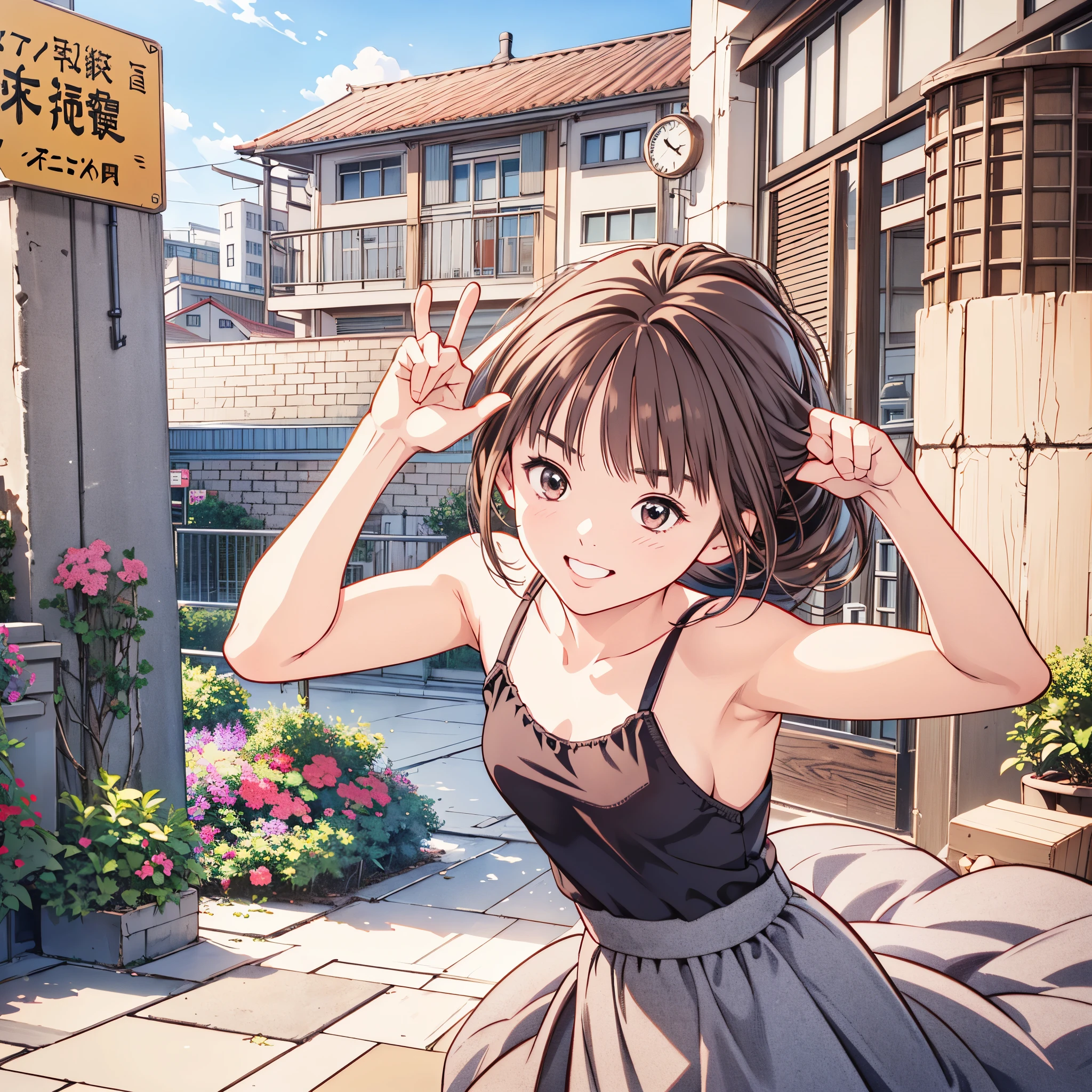(masterpiece, Highest quality, 8k:1.2),Very detailed, (anime:1.1), superior_Mikoto, Brown Hair, Medium Hair, hairpin, 16 years old, Medium chest, One girl, (camisole, necklace, mini skirt, boots, city, strong, smile), Cowboy Shot, View your viewers, (Perfect hands, Perfect Anatomy),four fingers and one thumb,
