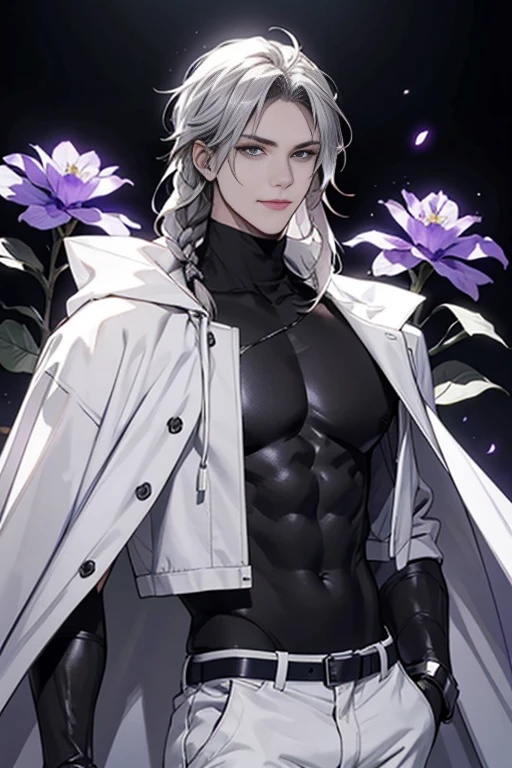 full HD, 4K, better quality, ((1 Adult man, 40 years))), ((white long Hair)), ((grey eyes)), one long braid, black turtleneck, white trousers, Black background, Large assembly, Pumped up body, good anatomy, (super detailed face), (Detailed eyes, Even the eyes), soft look, soft expression, ((sweet smile)), Dynamic pose in a white cloak, military, neckline on the chest, tattoos on the body, glowing light, ( violet flowers at the background), scars on the chest, look to the side, cyberpunk style, keeps one hand in his pocket, he looks away, (Dynamic pose), leather gloves