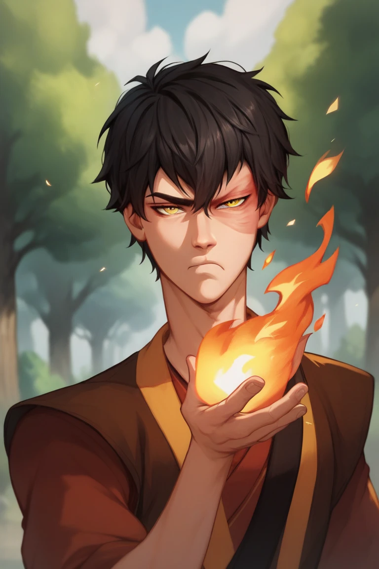 score_9, score_8_up, score_7_up, score_6_up, score_5_up, score_4_up, source_anime, portrait of  Zuko man, black hair, yellow eyes, holding fire, forest background, looking cute, grumpy and badass 