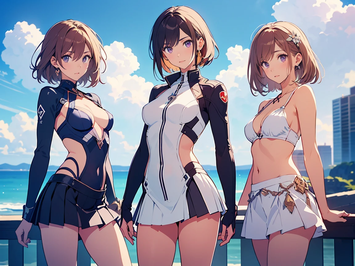 Three women in slingshot swimsuits, grin, arms behind back, looking at viewer, On the platform of the station, masterpiece, super detail, best quality