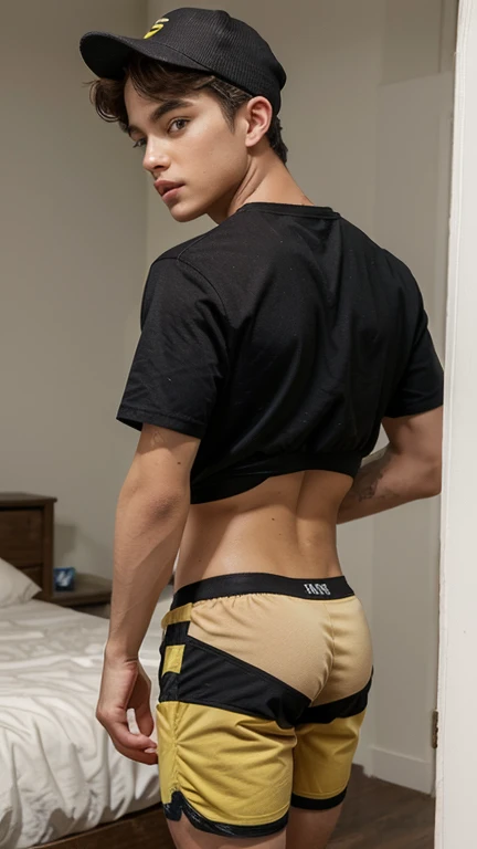 High resolution, A well-built, handsome young Japanese man, Sunburned skin, Six Pack Abs, Wearing black thong panties, Standing with your back to you, Twist your body, Looking over shoulder at camera.Luxury hotel bed、Long legs