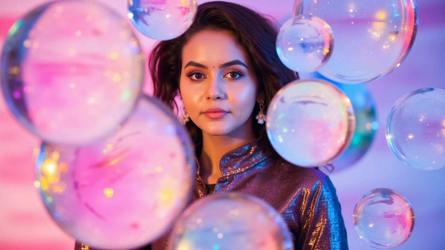 Surreal portrait of a woman surrounded by floating glass orbs filled with swirling liquid rainbows. Her outfit is sleek and futuristic, with holographic fabric that shifts colors under a soft glow. The background is an abstract gradient of vivid pinks, blues, and purples, creating a dreamlike and dynamic atmosphere."