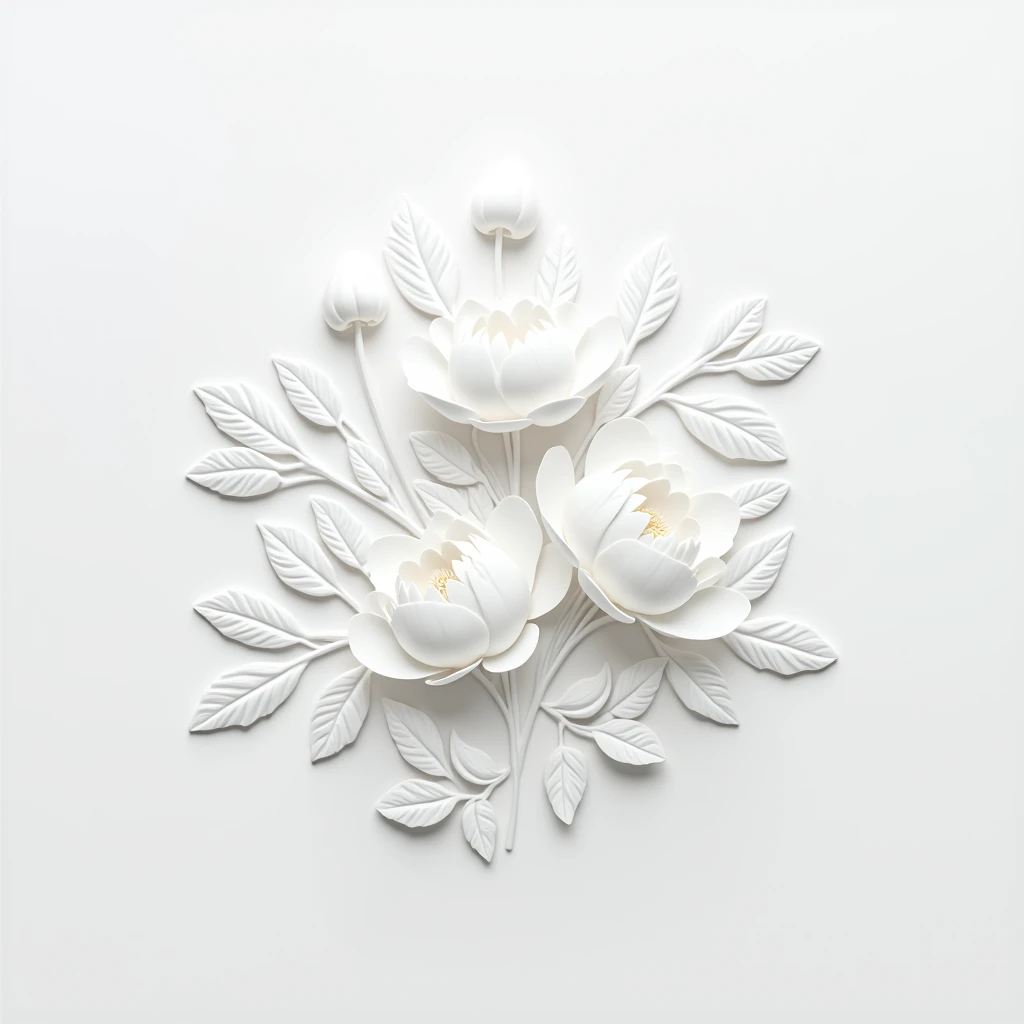 embossed all white minimalist flowers and white leaves arrangement on a white background. Peony flowers. sharp image
