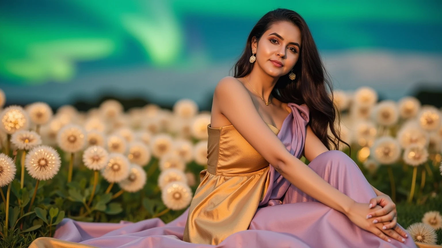 Portrait of a woman in a field of glowing, oversized dandelions, their fluffy seeds radiating soft pastel colors. Her dress flows like liquid silk in shades of gold and lavender, blending with the ethereal surroundings. The sky above is alive with a celestial aurora in vibrant greens and blues, casting magical reflections on her face