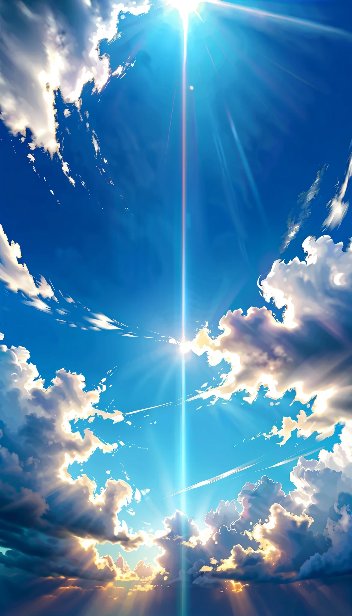 Digital art, clouds clear to reveal shining sun, sunny clouds, motion blur, photorealistic and realistic, top quality, (vivid blue and white)