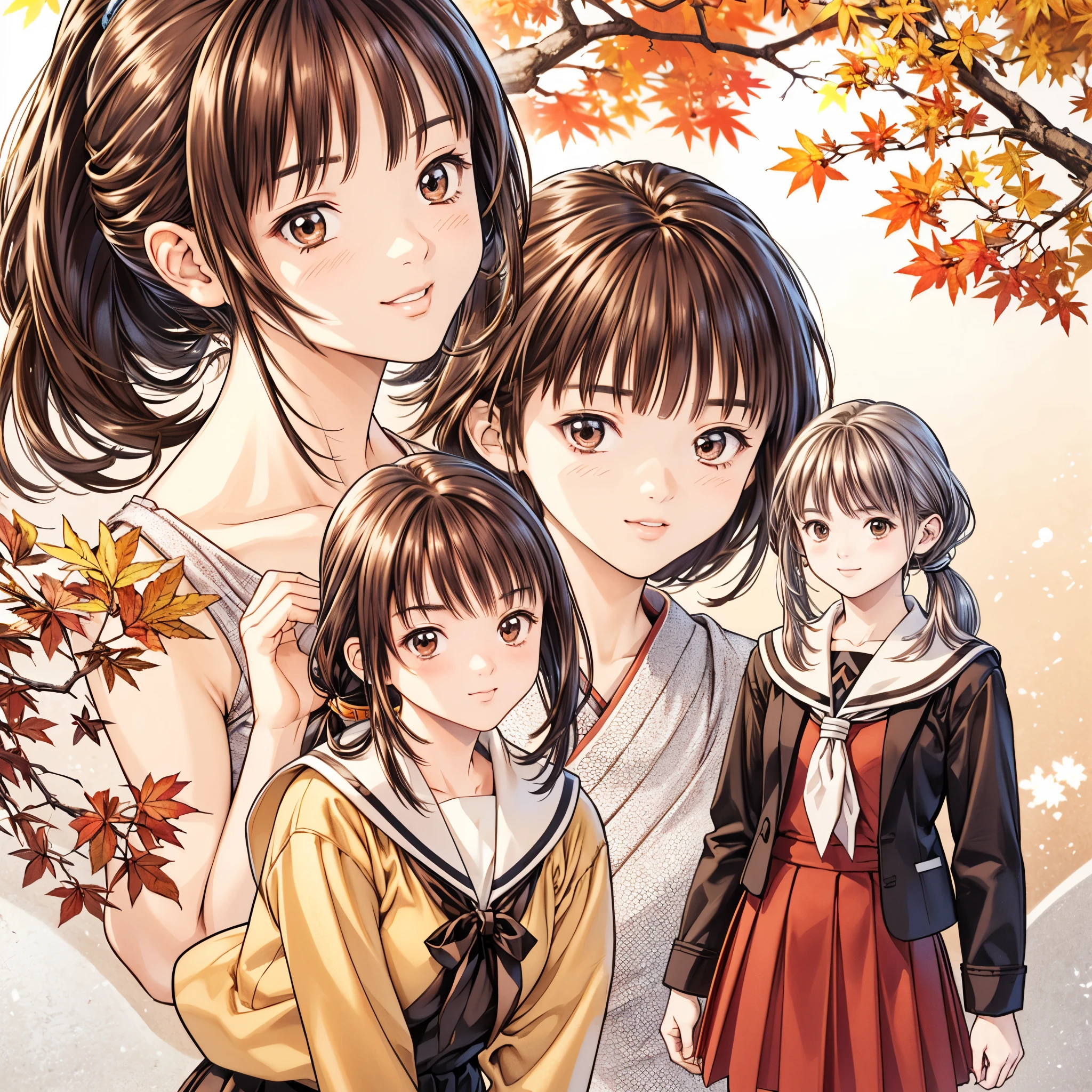(8k、 best quality 、​masterpiece:1.2)、( realistic、ultra-detailed、 super A high resolution、 2 girls、(One person has silver hair 、一人は brown hair )、 beautiful detailed faces、smile、narrow、( Slim Waist ) :1.3)、autumn服、autumn  、 skin texture、Floating Hair、  Professional Writing 、服 人体全体、 brown hair、Shy、Mikity、 romantic 、((Junior high school studentstail、 idol p