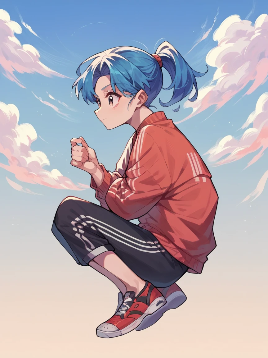 Fraction_9, Fraction_8_up, Fraction_7_up, Fraction_6_up, y0tt4, 1 Girl, Sky blue ponytail boxer red tracksuit fighting position full body portrait cute