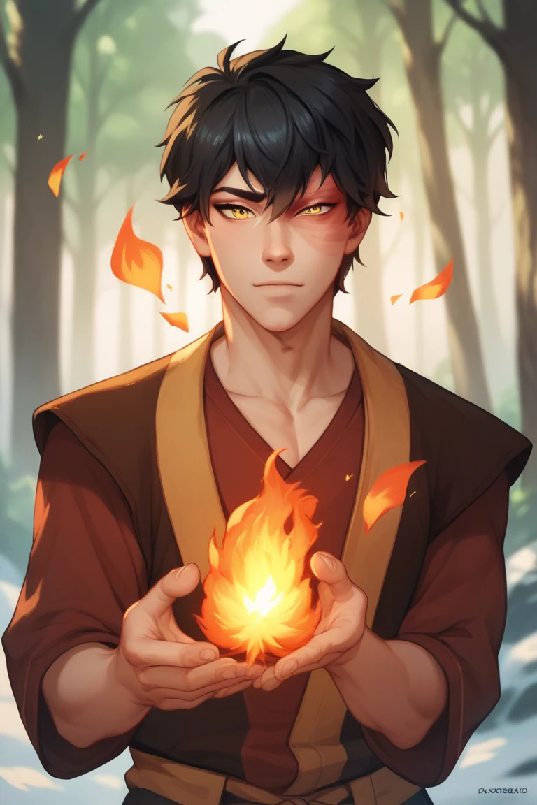 score_9, score_8_up, score_7_up, score_6_up, score_5_up, score_4_up, source_anime, portrait of  Zuko man, black hair, yellow eyes, holding fire, forest background, looking cute and badass 