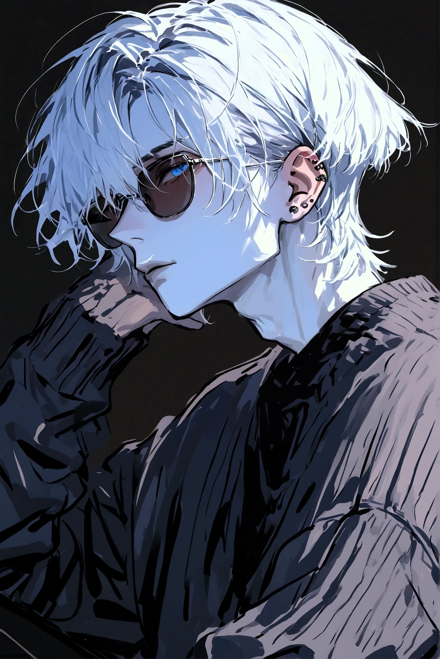  impasto,  short hair, Masterpiece,  best quality , 1 person , White hair ,  perfect face ,  BLUE Eye  ,   handsome man   , Alone,  blue-white skin ,  adult male  ,  upper body , Delicate line drawing, front with side View ,  very detailed ,  black background , sketch ,  Stylish clothes , black sunglasses ,  border color cardigan, modern style , piercing  , sit , proud