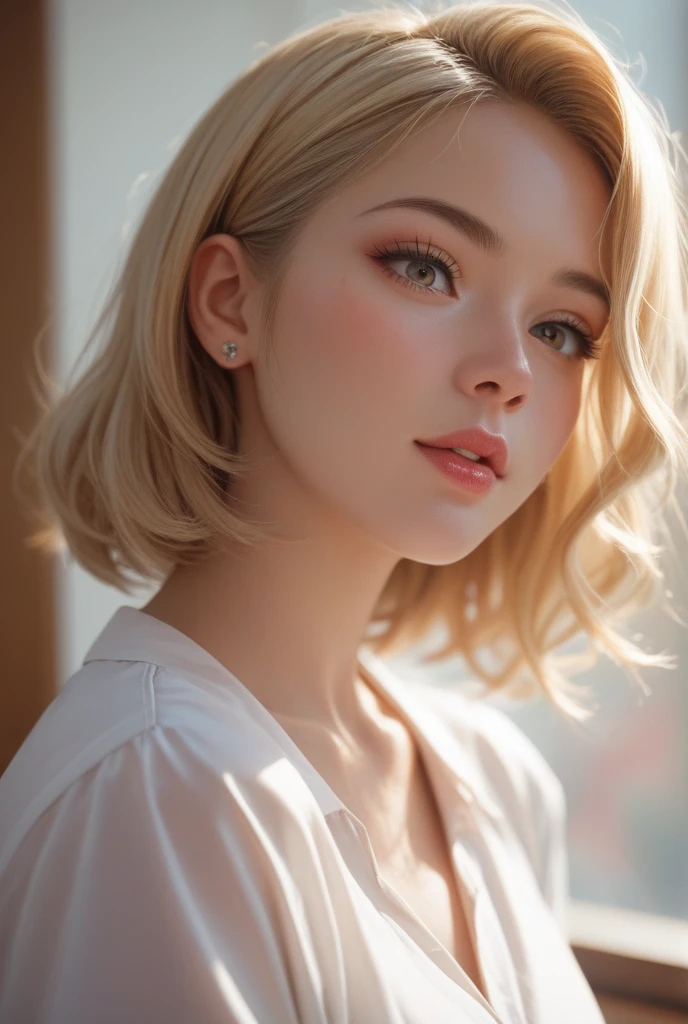 beautiful girl, brown eyes, beautiful slim teenage girl 18 year old woman, blonde highlights hair, undercut pixie hairstyle, lips, realistic, narrow waist, charming, pink lipstick, colorful makeup, long eyelashes, fair skin, (cute), (detailed face), (large breasts:1.2), (ballerina, pantyhose)