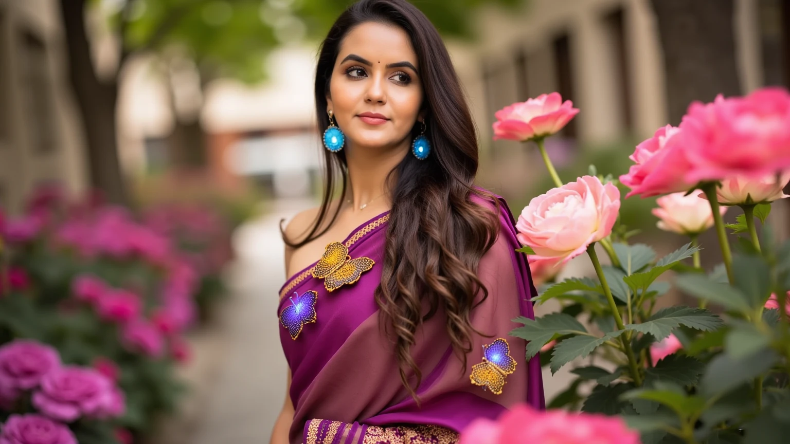 Whimsical portrait of a woman in a technicolor garden where flowers bloom in impossible shades of turquoise, magenta, and gold. Her hair is adorned with glowing butterflies, each one radiating soft, vibrant hues. The lighting creates a fantasy-like glow, and her flowing dress appears as if made of woven petals."