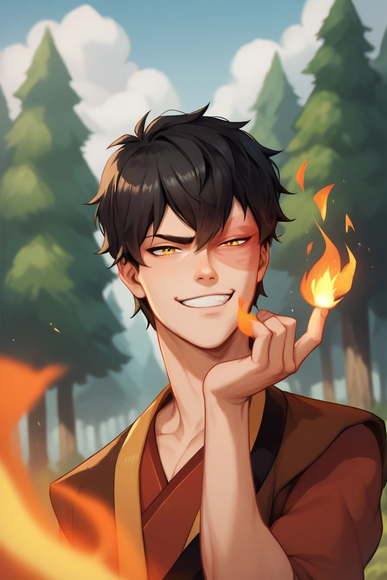 score_9, score_8_up, score_7_up, score_6_up, score_5_up, score_4_up, source_anime, portrait of  Zuko man, black hair, yellow eyes, holding fire, forest background, looking cute and smug and badass 