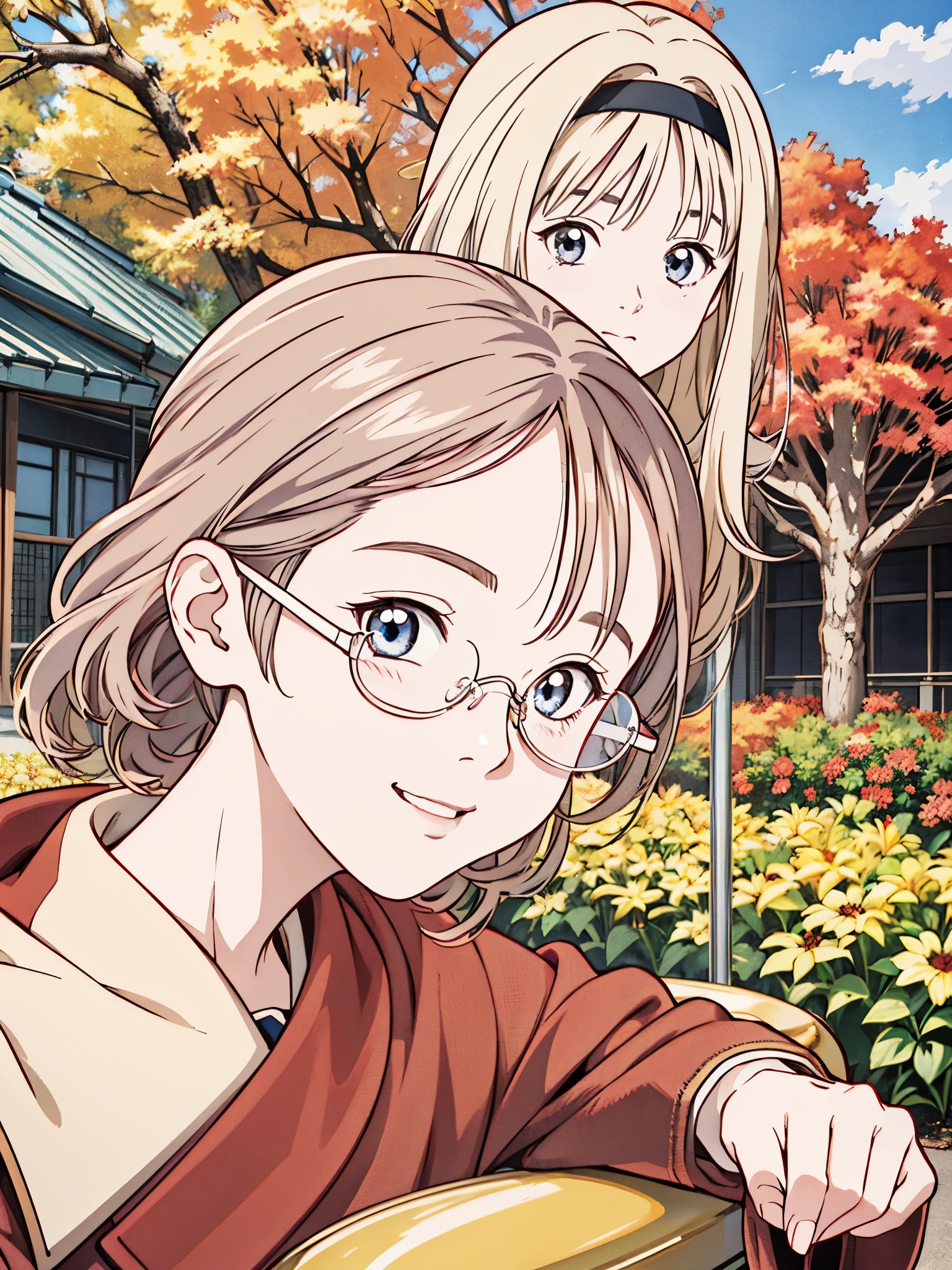 (8k、 best quality 、​masterpiece:1.2)、( realistic、ultra-detailed、 super A high resolution、 1 girl、、 beautiful detailed faces、smile、narrow、( Slim Waist ) :1.3)、autumn服、autumn   、 skin texture、Floating Hair、  Professional Writing 、服、 An anime character with glasses 、 Human body、 brown hair、Shy、Mikity、 romantic 、((Junior high school students、 embarrassing、fidgety))、uniform、(( An anime character with glasses  )) ,Hokkaido、Sapporo、