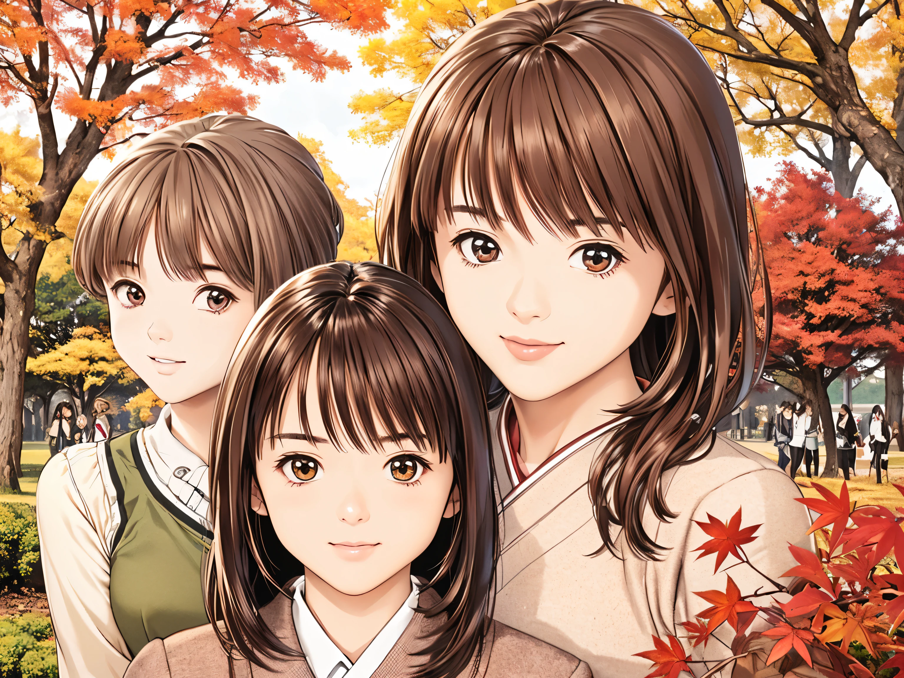(8k、 best quality 、masterpiece:1.2)、( realistic 、ultra-detailed、 super A high resolution、 2 girls、(One person has silver hair 、One person has brown hair )、 beautiful detailed faces、smile、narrow、( Slim Waist ) :1.3)、autumn service、autumn 、 skin texture、Floating Hair、 Professional Writing 、 high school、 brown hair、Shy、Mikity、 romantic 、((Junior high school st、、Ponytail、 pporo、Clock Tower、