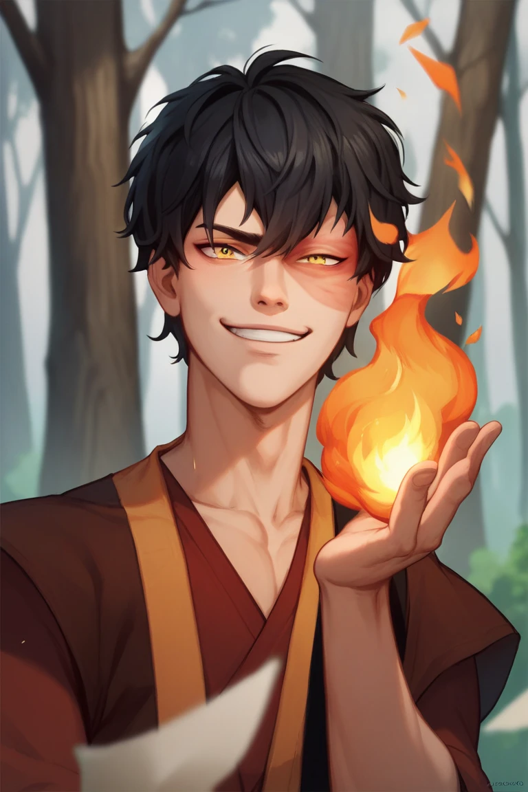 score_9, score_8_up, score_7_up, score_6_up, score_5_up, score_4_up, source_anime, portrait of  Zuko man, black hair, yellow eyes, holding fire, forest background, looking cute and smug and badass 